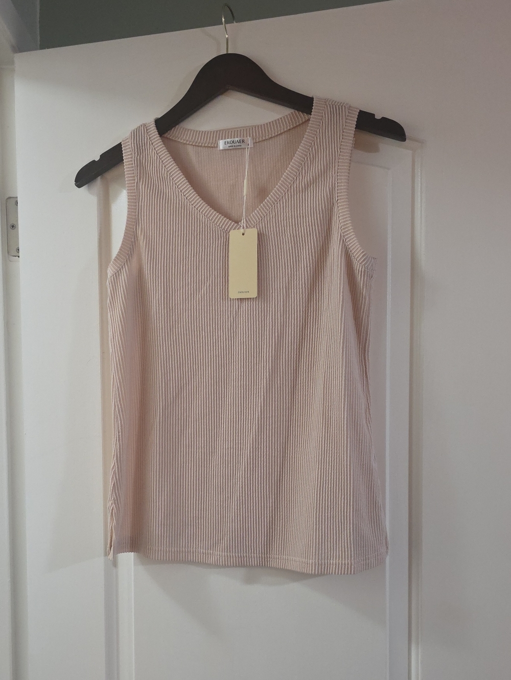 Eloise Linen-Blend Ribbed V-Neck Tank Top — Beige